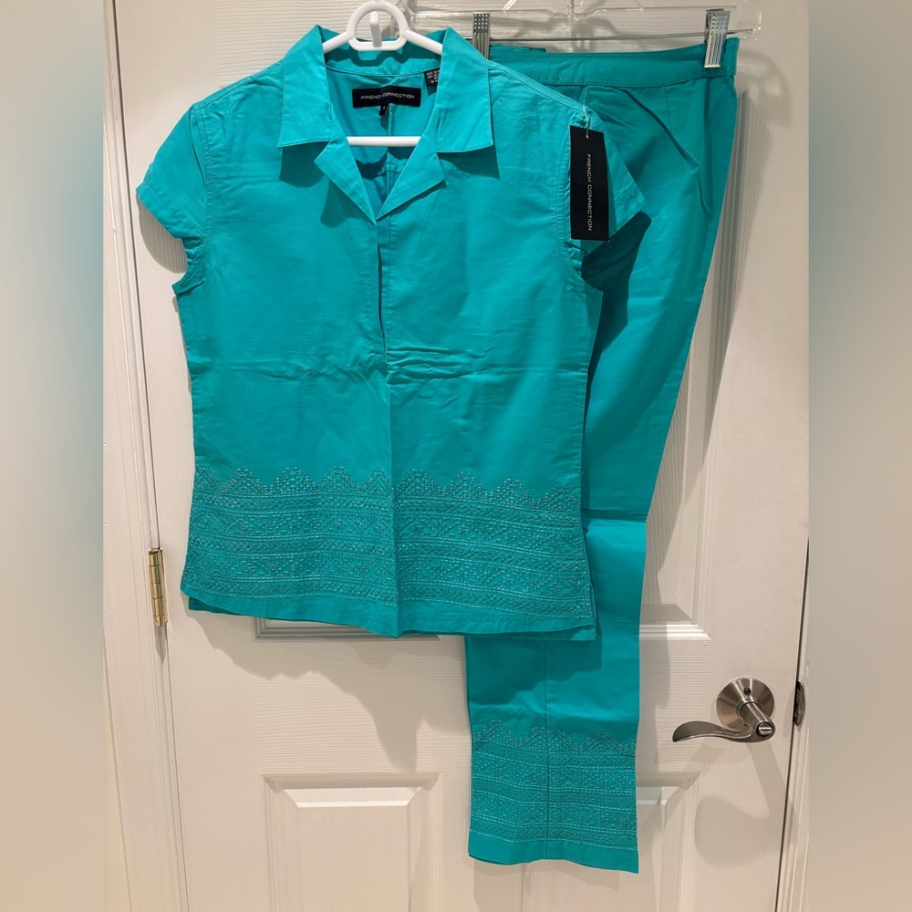 French Connection Teal Embroidered Two-Piece Pant Set